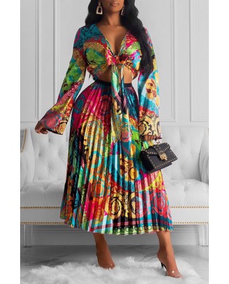 Lovely Casual Turndown Collar Printed Multicolor Two-piece Skirt Set