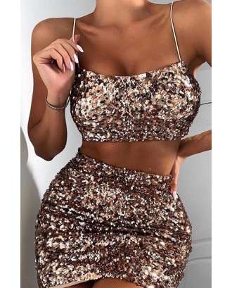 Lovely Beautiful Sequined Gold Two-piece Skirt Set