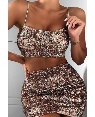 Lovely Beautiful Sequined Gold Two-piece Skirt Set