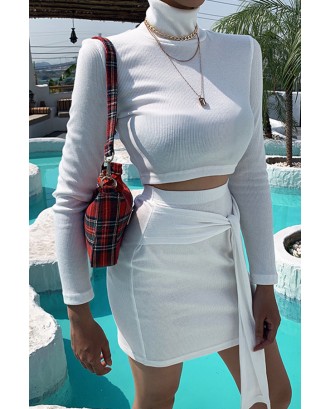 Lovely Casual Turtleneck Lace-up White Two-piece Skirt Set