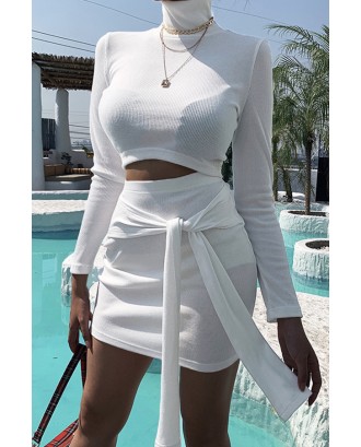 Lovely Casual Turtleneck Lace-up White Two-piece Skirt Set