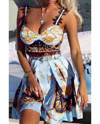 Lovely Sweet Spaghetti Straps Printed Baby Blue Two-piece Skirt Set