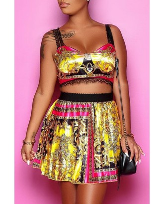 Lovely Casual Printed Yellow Two-piece Skirt Set
