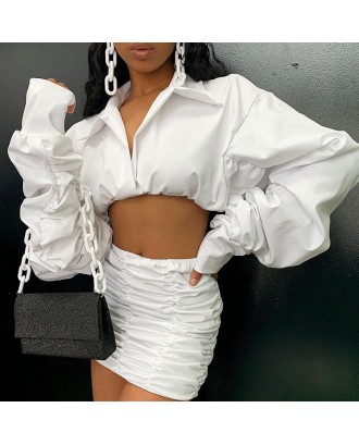 Lovely Street Turndown Collar Ruffle Design White Two-piece Skirt Set