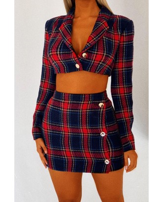 Lovely Work Turn-back Collar Plaid Printed Red Two-piece Skirt Set
