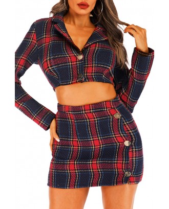 Lovely Work Turn-back Collar Plaid Printed Red Two-piece Skirt Set