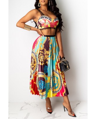 Lovely Trendy Ruffle Design Multicolor Two-piece Skirt Set