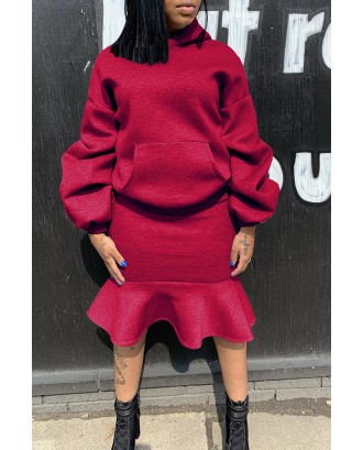Lovely Casual Hooded Collar Flounce Red Two-piece Skirt Set