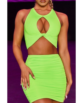 Lovely Trendy Ruffle Design Green Two-piece Skirt Set