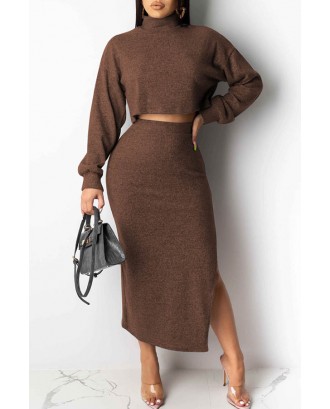 Lovely Casual Turtleneck Coffee Two-piece Skirt Set