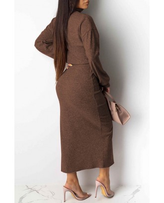 Lovely Casual Turtleneck Coffee Two-piece Skirt Set