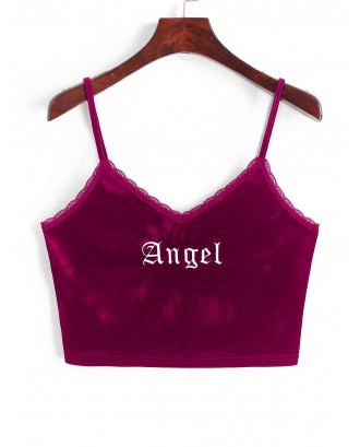  Angel Embroidery Lace Trim Velvet Top - Red Wine S