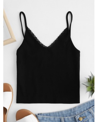 Solid Lace Panel Cropped Cami Top - Black S