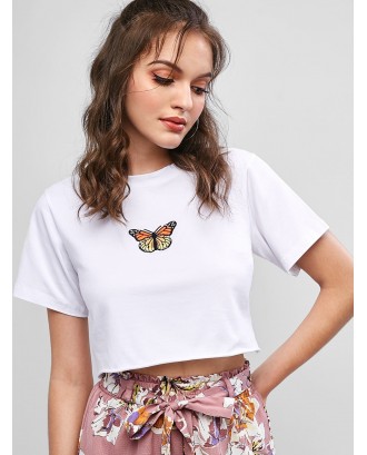 Raw Hem Butterfly Embroidered Cropped Tee - White S