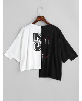 Letter Graphic Contrast Asymmetric Tee - White And Black