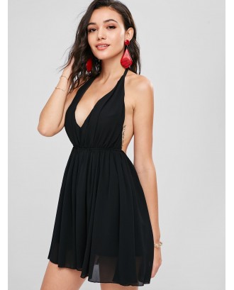 Halter Chiffon Mini Sun Party Dress - Black L