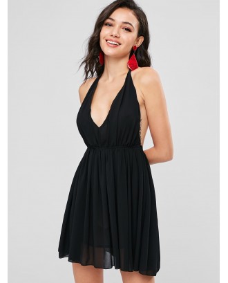 Halter Chiffon Mini Sun Party Dress - Black L