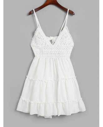 Knotted Back Crochet Panel Flared Cami Dress - White S