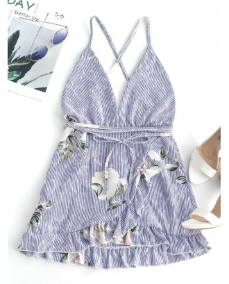Floral Criss Cross Ruffles Mini Dress - Deep Blue S