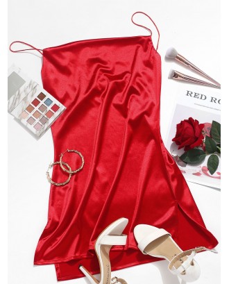 Side Slit Satin A Line Cami Dress - Red S