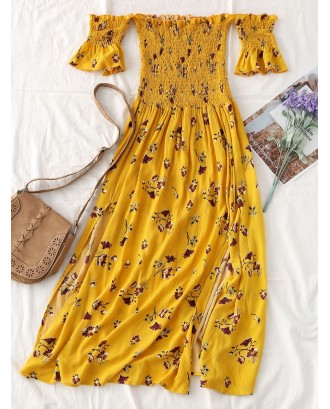 Floral Slit Smocked Off Shoulder Midi Dress - Yellow L