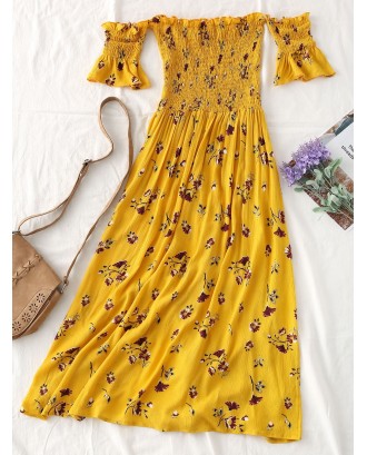 Floral Slit Smocked Off Shoulder Midi Dress - Yellow L
