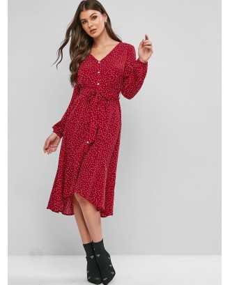  Buttons Printed Belted High Low Dress - Lava Red S