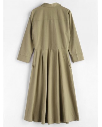 Long Sleeve Woven Midi Shirt Dress - Light Khaki S