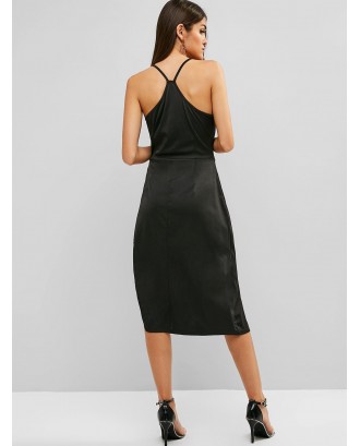 Lace Panel Asymmetrical Surplice Dress - Black L