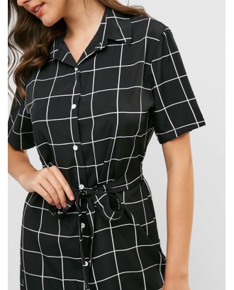 Belted Checked Asymmetrical Shirt Dress - Black M