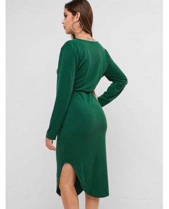 Knitted Belted V Neck Curved Hem Dress - Deep Green S