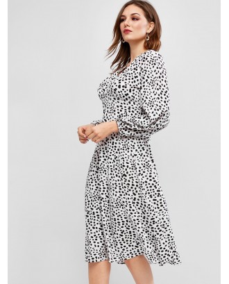 Button Loop Dalmatian Dot Long Sleeve Dress - Multi M