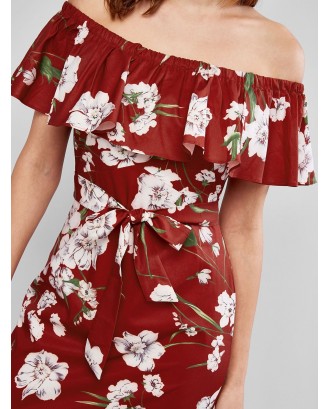 Flounce Off Shoulder Flower Print Mermaid Belted Dress - Multi Xl