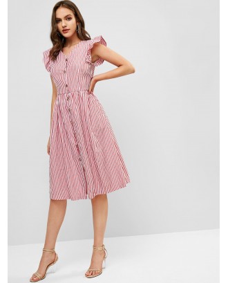 Ruffles Stripes Button Up Casual Dress - Cherry Red M
