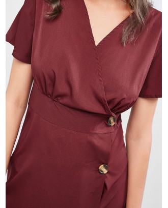 Low Cut Buttoned A Line Solid Dress - Red Wine M