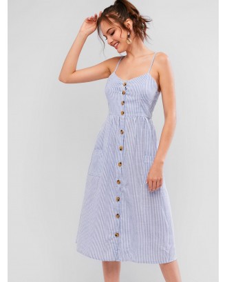 Button Up Pockets Striped Cami Dress - Denim Blue L