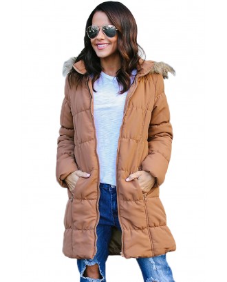 Camel Fur Trim Hooded Long Quilted Coat