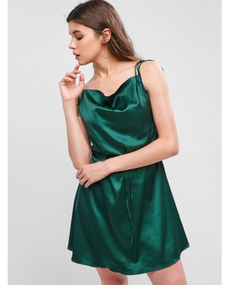  Spaghetti Strap Satin Tie Shoulder Mini Dress - Dark Forest Green M