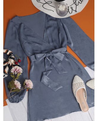  Lustrous Tulip Hem Surplice Dress - Blue Gray Xl