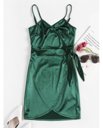  Satin Bodycon Wrap Dress - Deep Green S