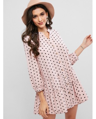 Polka Dot Flounce V Neck Tunic Shirt Dress - Light Pink L