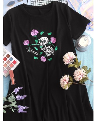 Floral Skeleton Ripped Tee Dress - Black L
