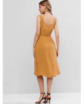  Button Fly Sweetheart Neck Midi Backless Dress - Caramel M