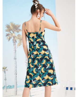  Banana Print Slit Cami Dress - Multi-l M