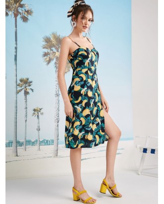  Banana Print Slit Cami Dress - Multi-l M