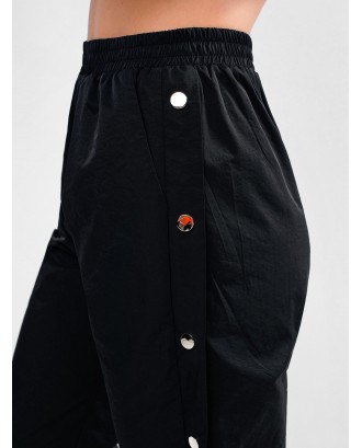  Button Embellished Pocket High Waisted Pants - Black M