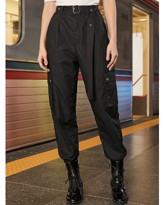 Solid Color Pockets Belted Jogger Pants - Black S
