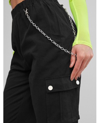 Chain Flap Pockets Solid Jogger Pants - Black M
