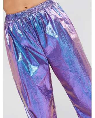  Metallic High Waisted Jogger Pants - Purple S