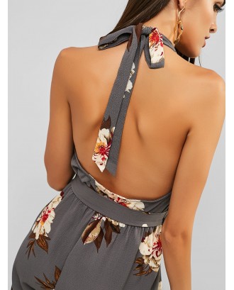 Floral Print Backless Belted Overlap Jumpsuit - Light Slate Gray S